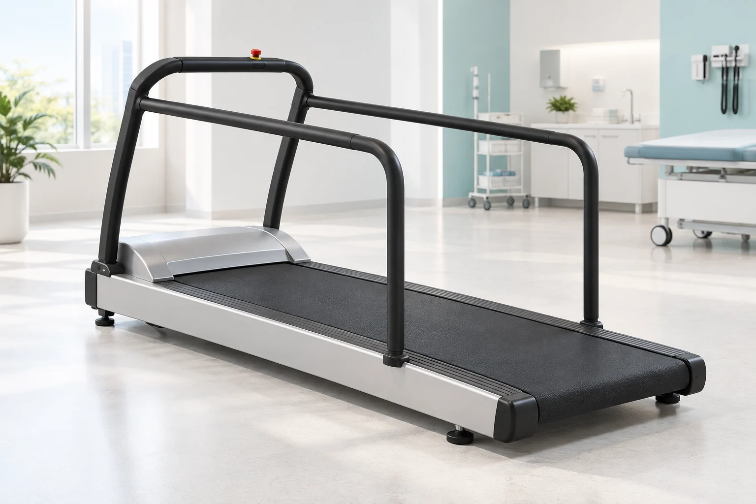 AI illustration of a silver and charcoal medical treadmill with extended support rails